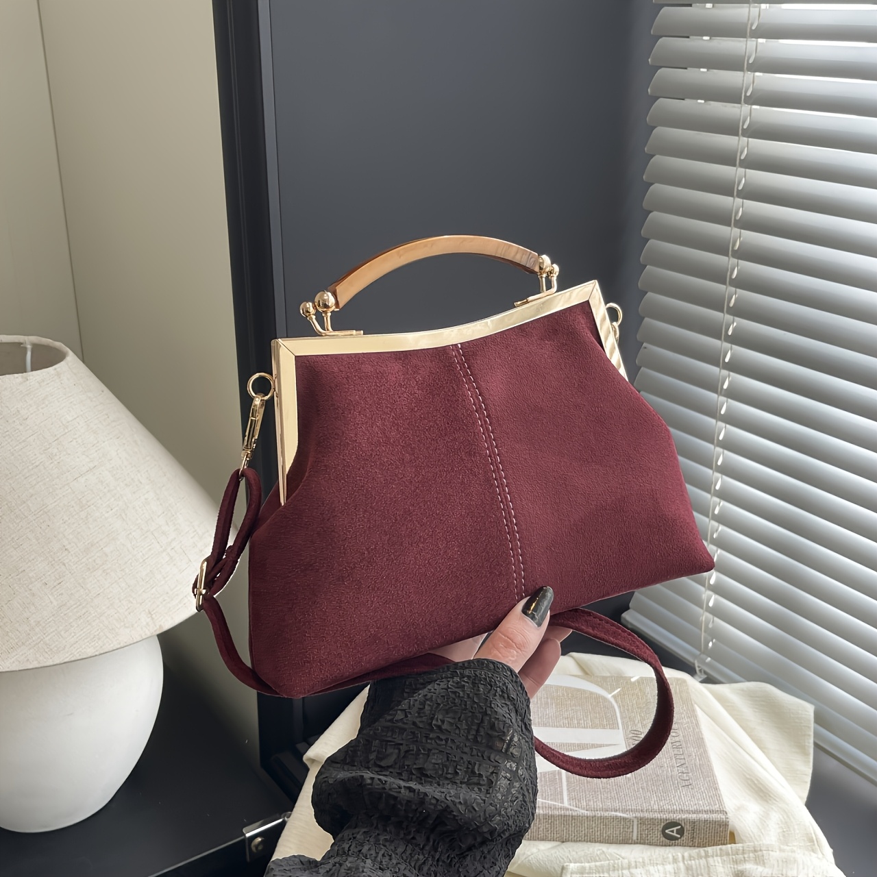 TEMU Bolso bandolera de 1 pieza de de gamuza de estilo francés bloques de color y clip, bolso de de mujer elegante, para de San Valentín, Pascua,