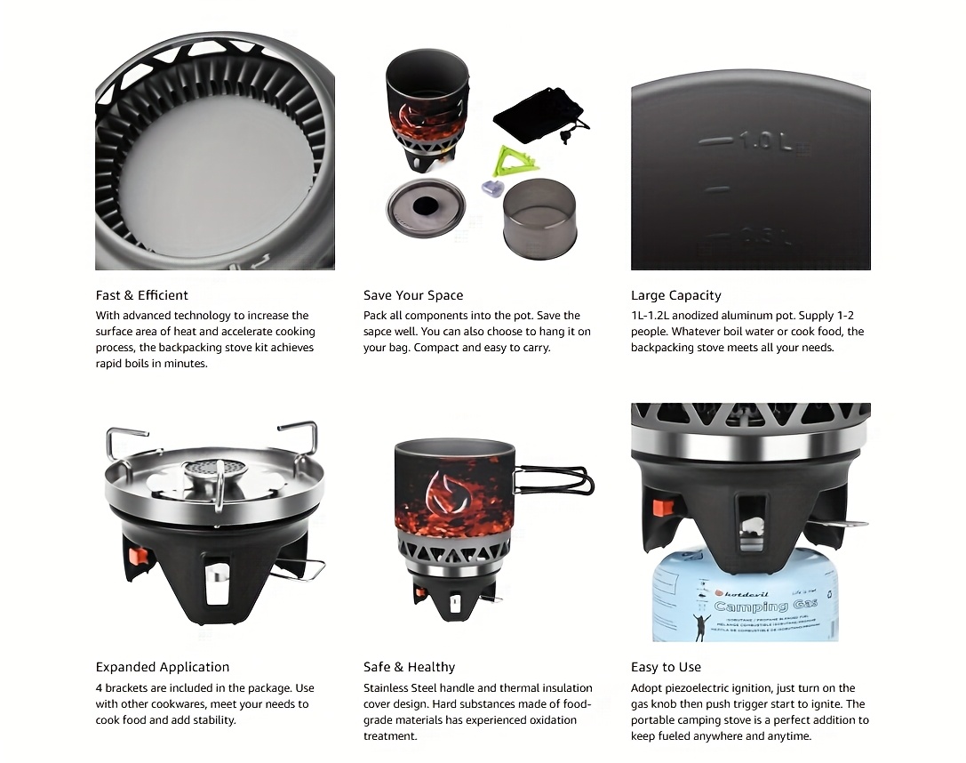 1 2l portable cooking system for backpacking and camping featuring       outdoor burner with pot and brackets   hiking fishing and hunting Product details 2