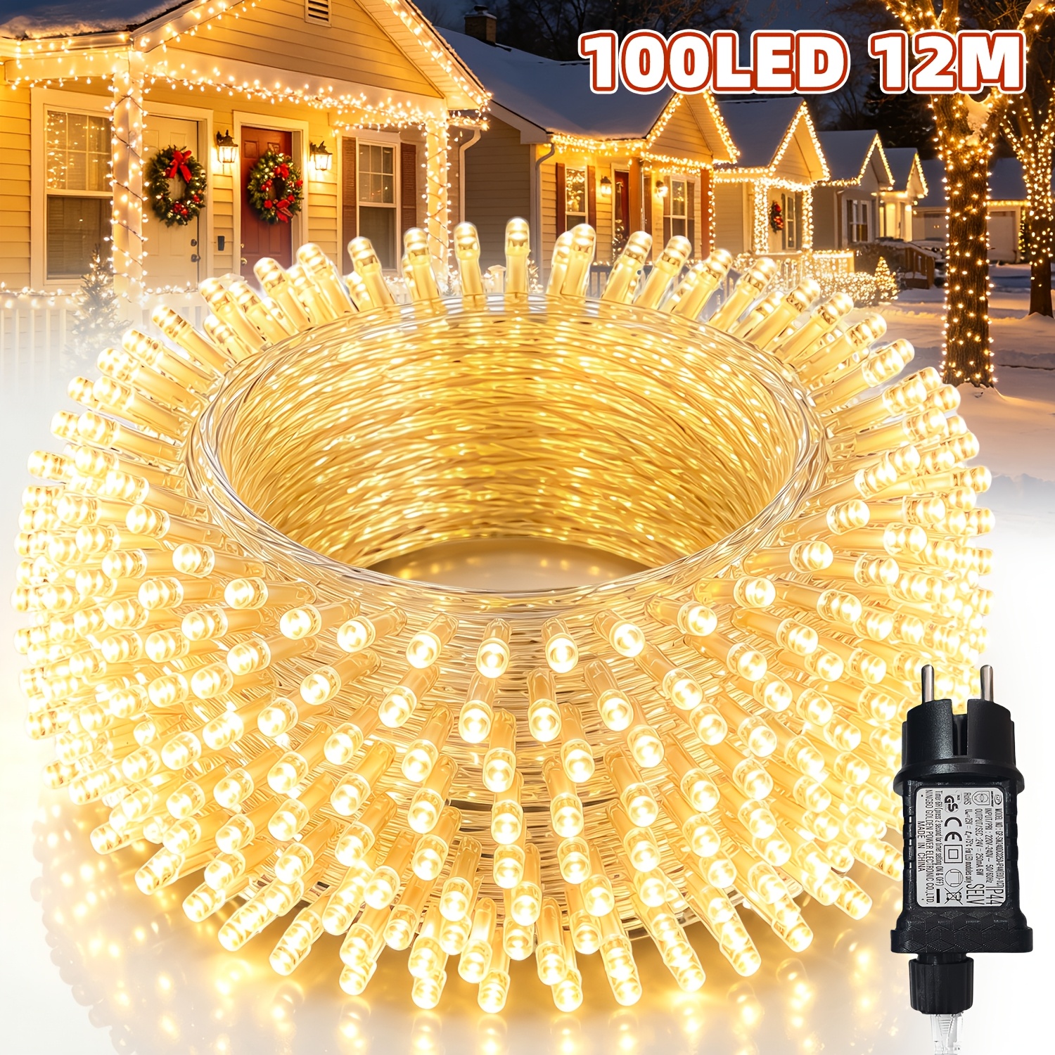 TEMU Guirlande Lumineuse de Noël Extérieure 12/22/32 m, 100/200/300 LED pour Jardin, Type à Brancher, 13 Programmables, pour Cour, Maison, Rampe,