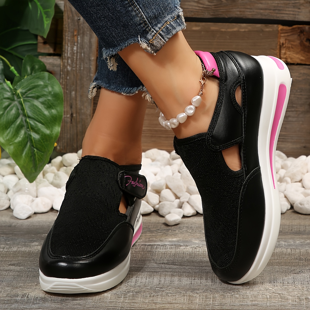 womens breathable mesh casual sneakers black with pink accents low top lace       for outdoor casual attire ladies sneakers Product details 6