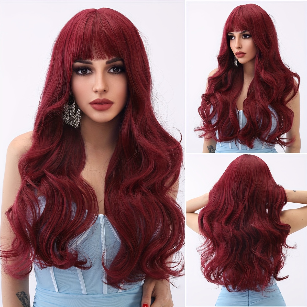 

26 Inch Red Bangs Curled Synthetic Wig - Heat-resistant, Easy To Shape, Paired With A Comfortable Rose Mesh Hat, Suitable For Daily Fashion And Role-playing