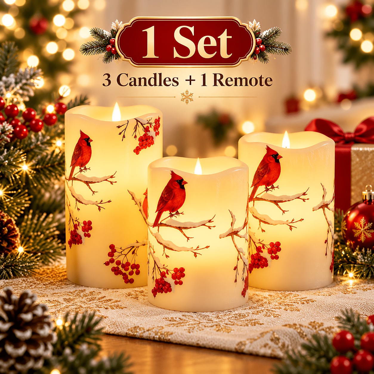 TEMU 3-pack Led Candle Lights With Remote, Realistic Flickering Flameless Pillar Candle Lamps, Red And Print, Battery Operated 1000 , Christmas