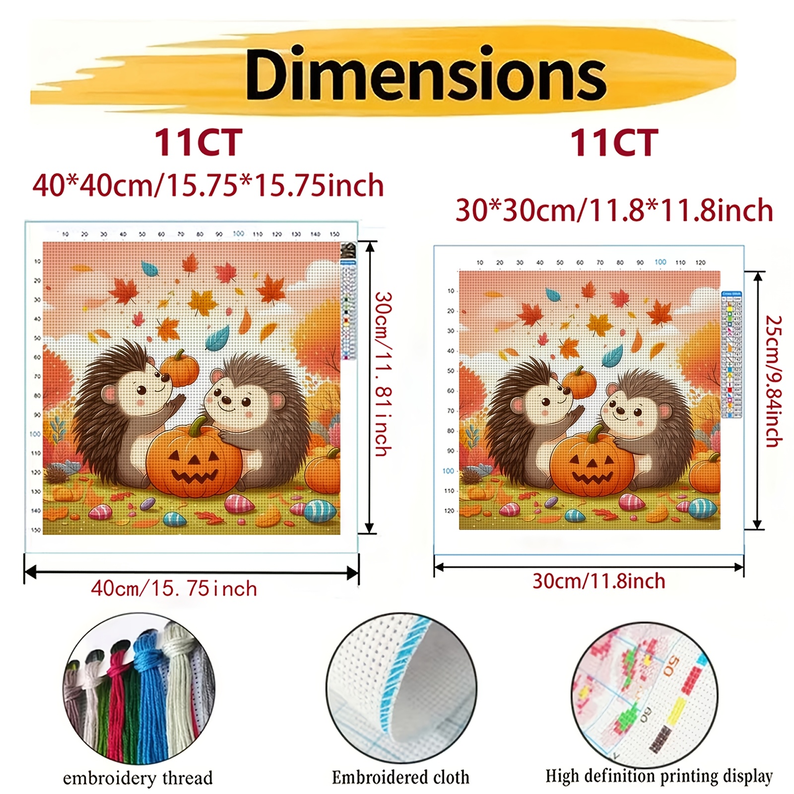 DIY Cross-Stitch Printed Kit, Unframed, Autumn Leaves Hedgehog