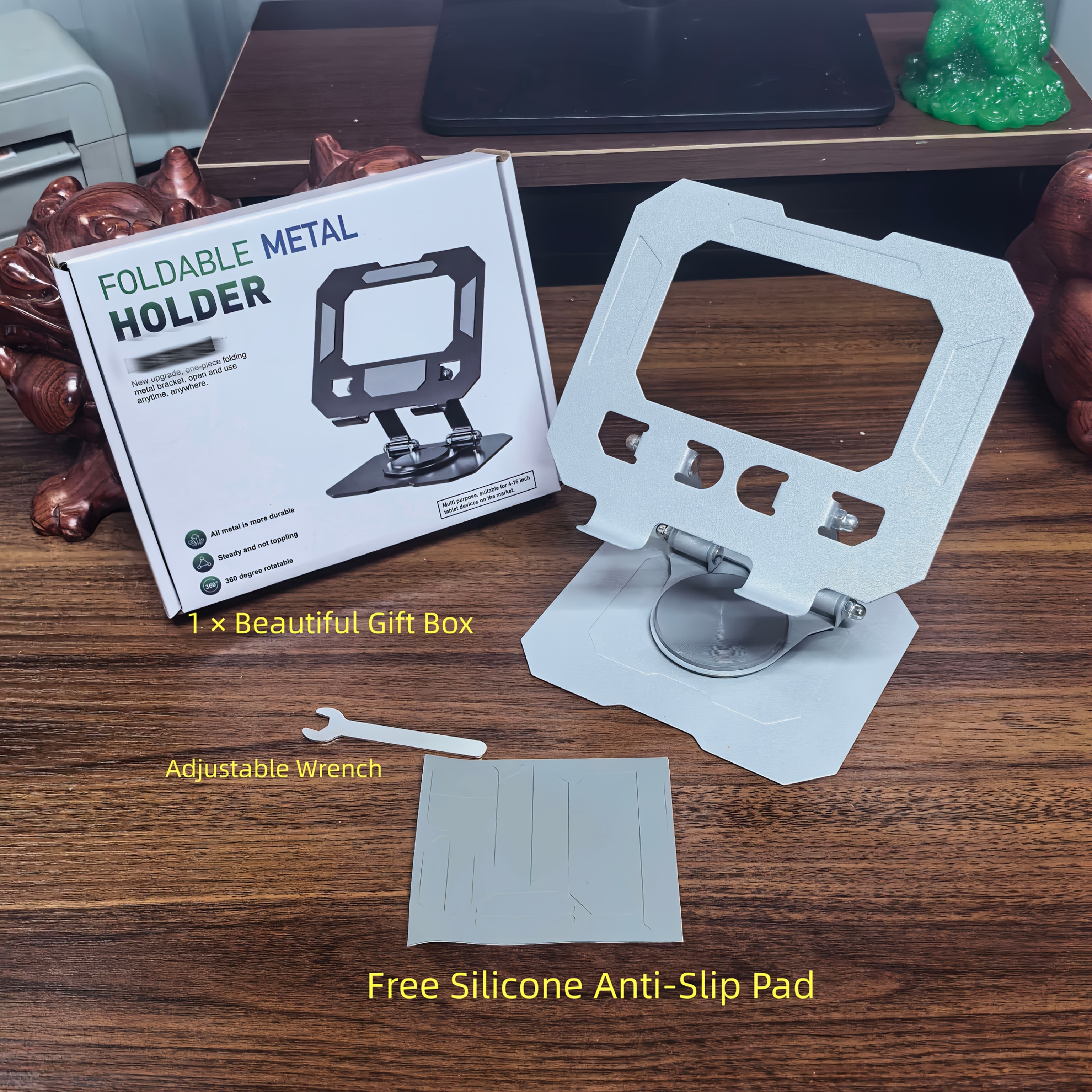 TEMU Support Téléphone Métal Pliable Rotatif 360° Réglable Pivotant Support de Bureau pour Téléphone Tablette