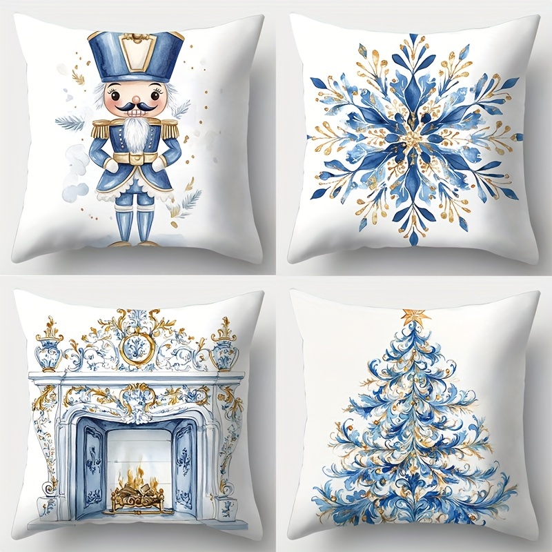 

Contemporary Style Holiday Throw Cushion Covers 4-pack - Zippered Polyester Cases, Christmas Tree, Nutcracker, Ornament Patterns In Blue, Golden & White For Living Room Decor - Woven, Machine Washable