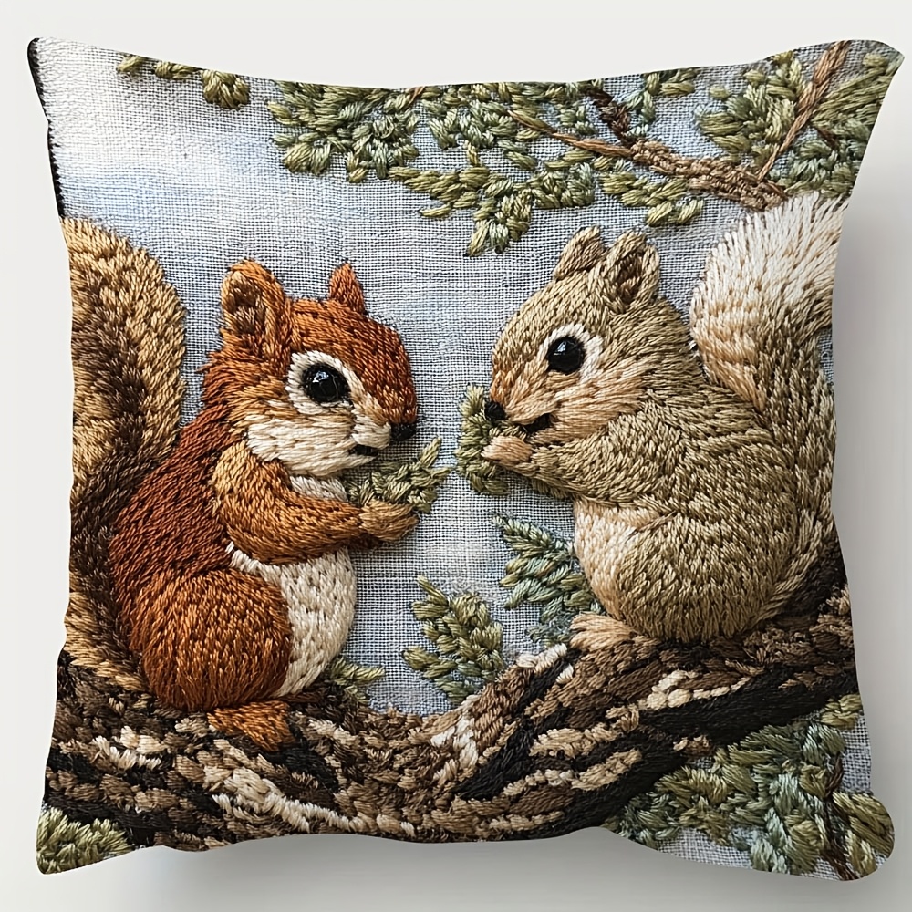 

1pc Contemporary Squirrel Embroidery Design Throw Pillow Cover, 18x18 Inch, Super Soft Short Plush, Zipper Closure, Hand Wash Only, Decorative Knit Fabric For Room Types - Syla1043