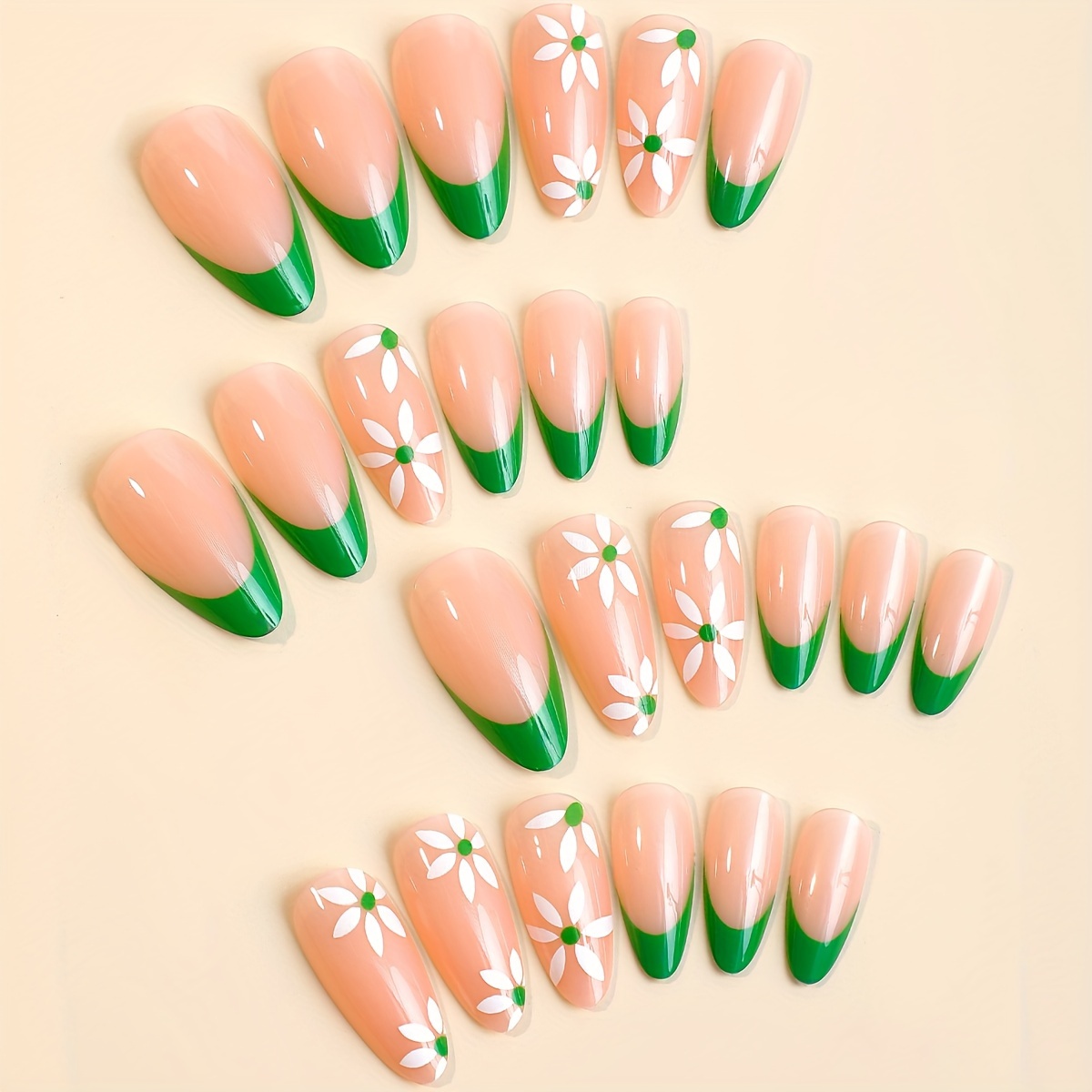 24pcs set spring press on nails medium almond green french fake nail art cute acrylic nails white flower pattern stick on false nail tips french style nail stickers for women girls for easter details 0