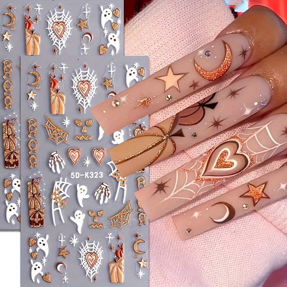 

2-piece 5d Embossed Manicure Sticker-self-adhesive, Sparkly Cartoon Design With , Pumpkins And Hearts, Perfect For Holiday Manicures