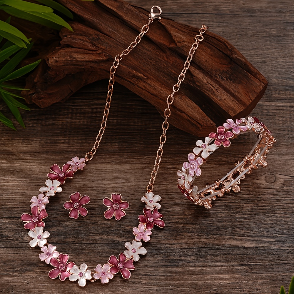 E-shop Elegantes Schmuckset im Boho-Stil für Damen, bestehend aus einem Emaille-Blumen-Halsband, Ohrringen und Armband aus Zinklegierung mit