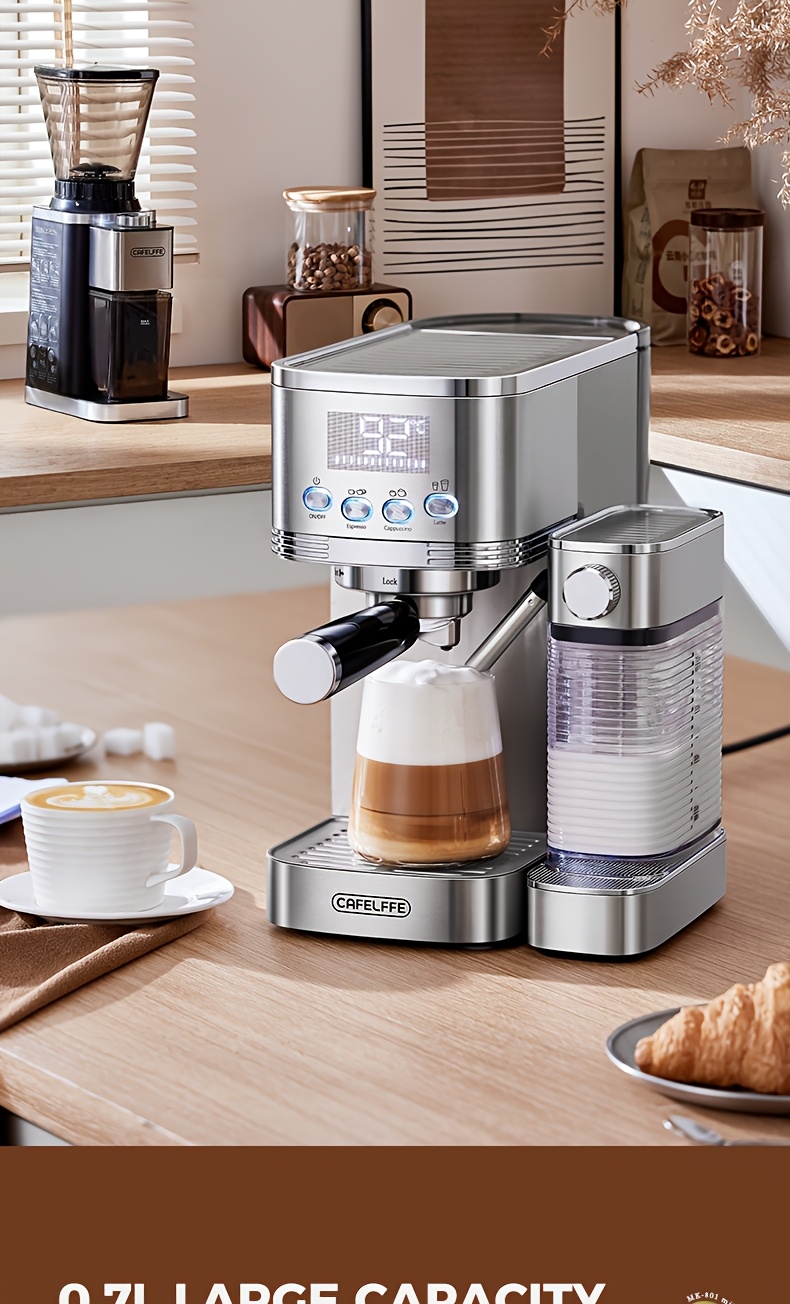 CAFELFFE Semi-Automatic Espresso Machine MK801 with Automatic Milk Frothing System, One-Touch Operation for Espresso, Latte & Cappuccino, 20BAR High Pressure, 1.3L Water Tank & 0.7L Milk Tank, Self-Cleaning Function, 1350W Power, 220-240V, Italian Semi-Automatic Coffee Maker with Digital Display & Temperature Control, Compact Design for Home & Office Use, Ideal for Coffee Lovers & Small Businesses, Cappuccino Machine, Latte Brewing, Modern Espresso, Sleek Coffee Maker, Durable, Coffee