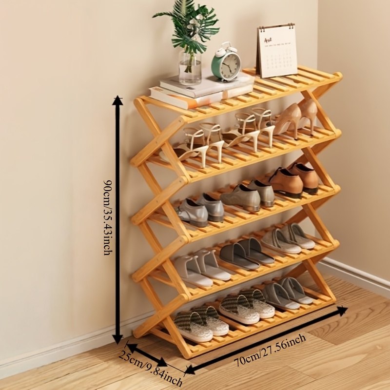 TEMU 1pc 5-layer Bamboo Foldable Shoe Rack, No Assembly, Space-saving Shoe Storage Organizer, Perfect For Home Entrance Hall, Bedroom, & 5 Daily Use