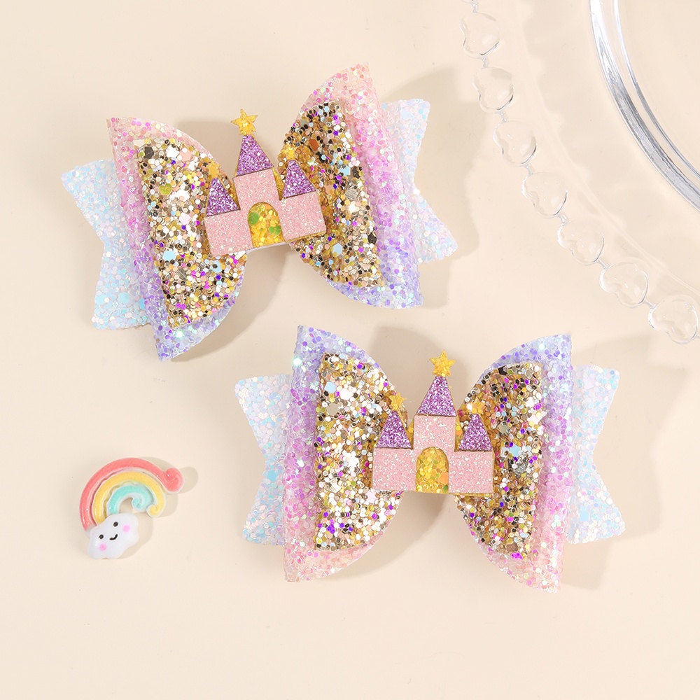 TEMU Set Of 2 Adorable Castle-shaped Hair Clips For, Featuring Multi-layered Gradient Colors And Glitter. Sparkling Hair Additions Are Perfect For Parties And Make Great Birthday Gifts