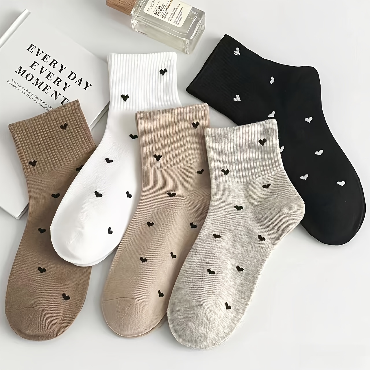 Image of 5-pair Coffee-colored Women's Mid-calf Korean Style Socks With Small Hearts, Preppy Style, Comfortable Long Socks