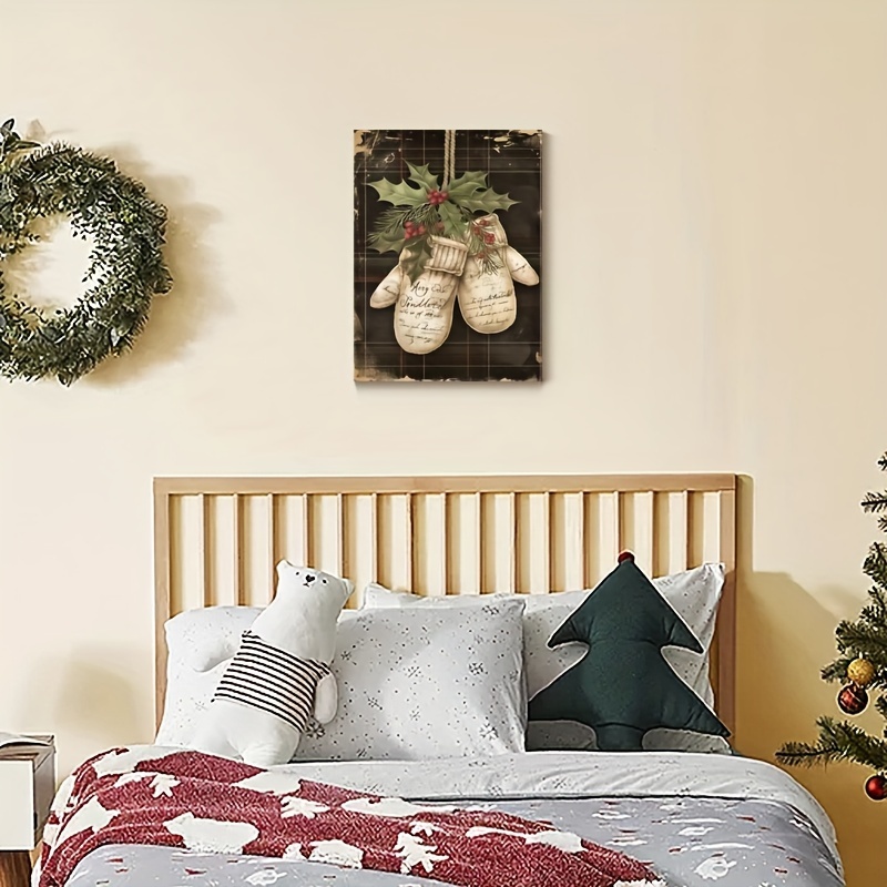 

1pc Wooden Frame Vintage Christmas Gloves & Canvas Art - " X 15.75" Canvas Wall Art For Holiday Decor, Indoor Use, Living Room, Garden, Yard Parties - Unique Gift Idea