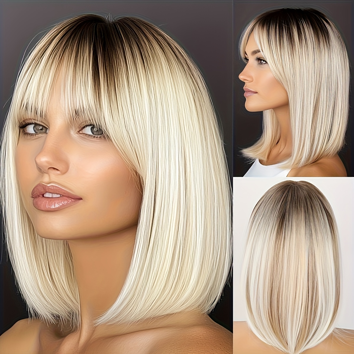 Image of A Stylish 14-inch Bob Wig For, Featuring A Beautiful Gradient Of White And Golden With Bangs. Made From Synthetic Fiber And High-temperature, It With A Rose Hair Net, Perfect For Any Event