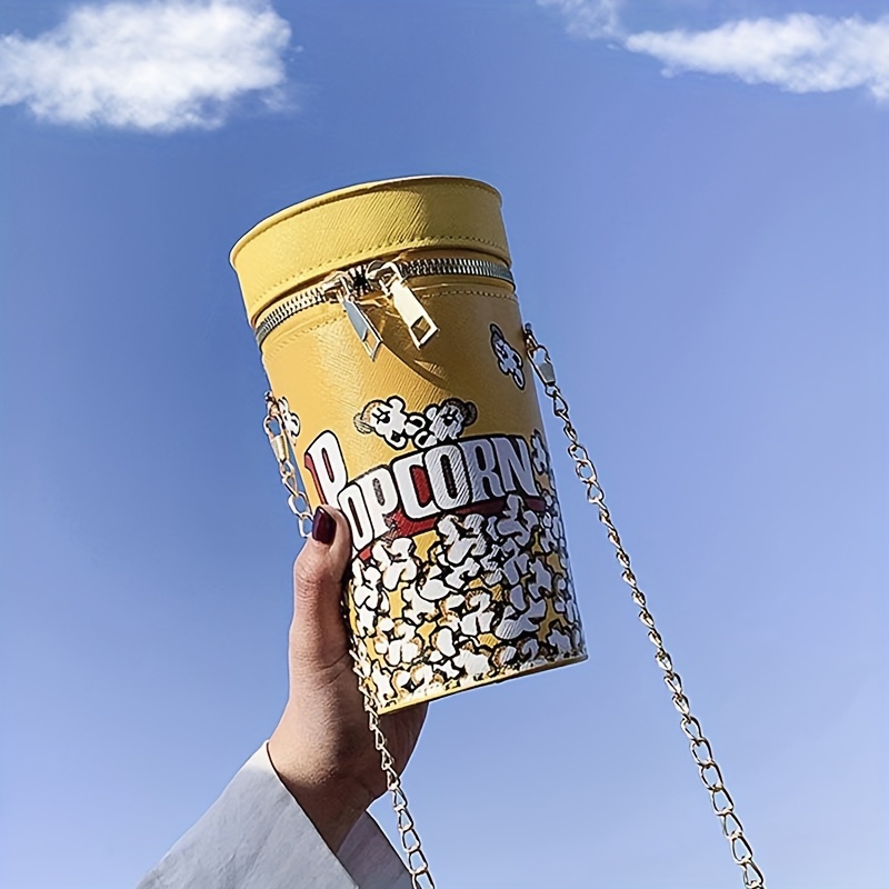 

1pc Popcorn Cylinder Bucket Bag, Fashionable Chain Crossbody Purse, Creative Round Wallet For Women