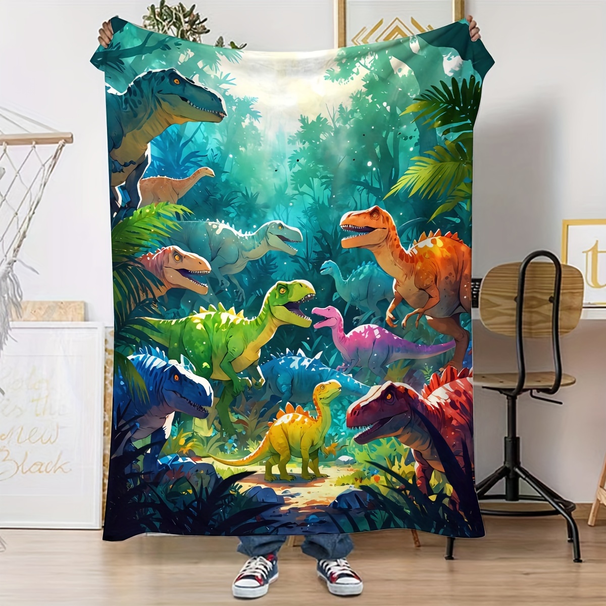 

Mid-century Style Reversible Flannel Throw Blanket With Cute Dinosaur Print - Knitted Blanket For Sofa, Bed, Car, Office, Camping, Travel - Multipurpose Anime Theme Polyester Bedding, - Gift-ready