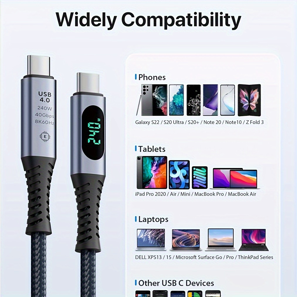 Soopii Usb Fast Charging Cable With Led Display,supports 8k Video,max  40gbps Data Transfer,240w Usb C To Usb C Charging Cable,compatible With  Lphone 15, For Macbook,thunderbolt 3,monitor,docking Stations