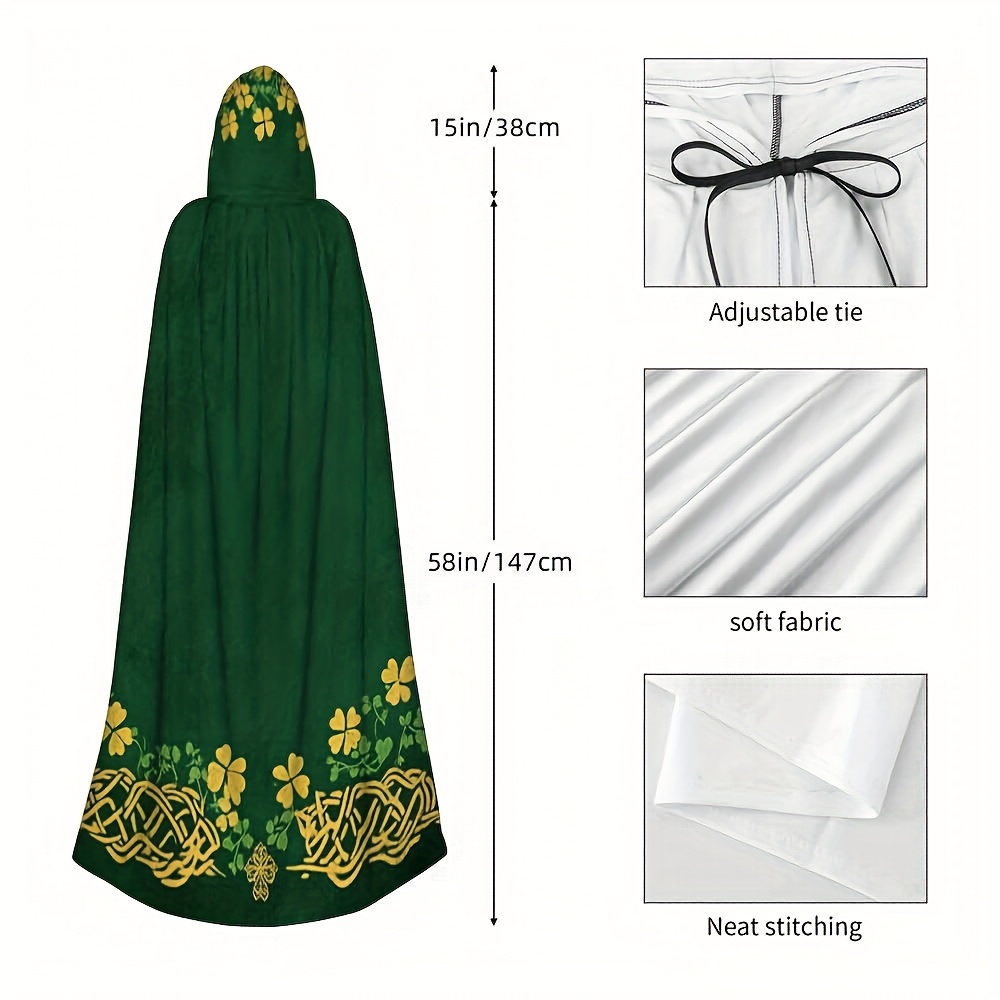 TEMU Celtic Witch Robe Costume - Green & Golden Celtic Knot Cape With Hooded Cloak, Hand Wash Only Luxurious Wearable Blanket For &, Medieval