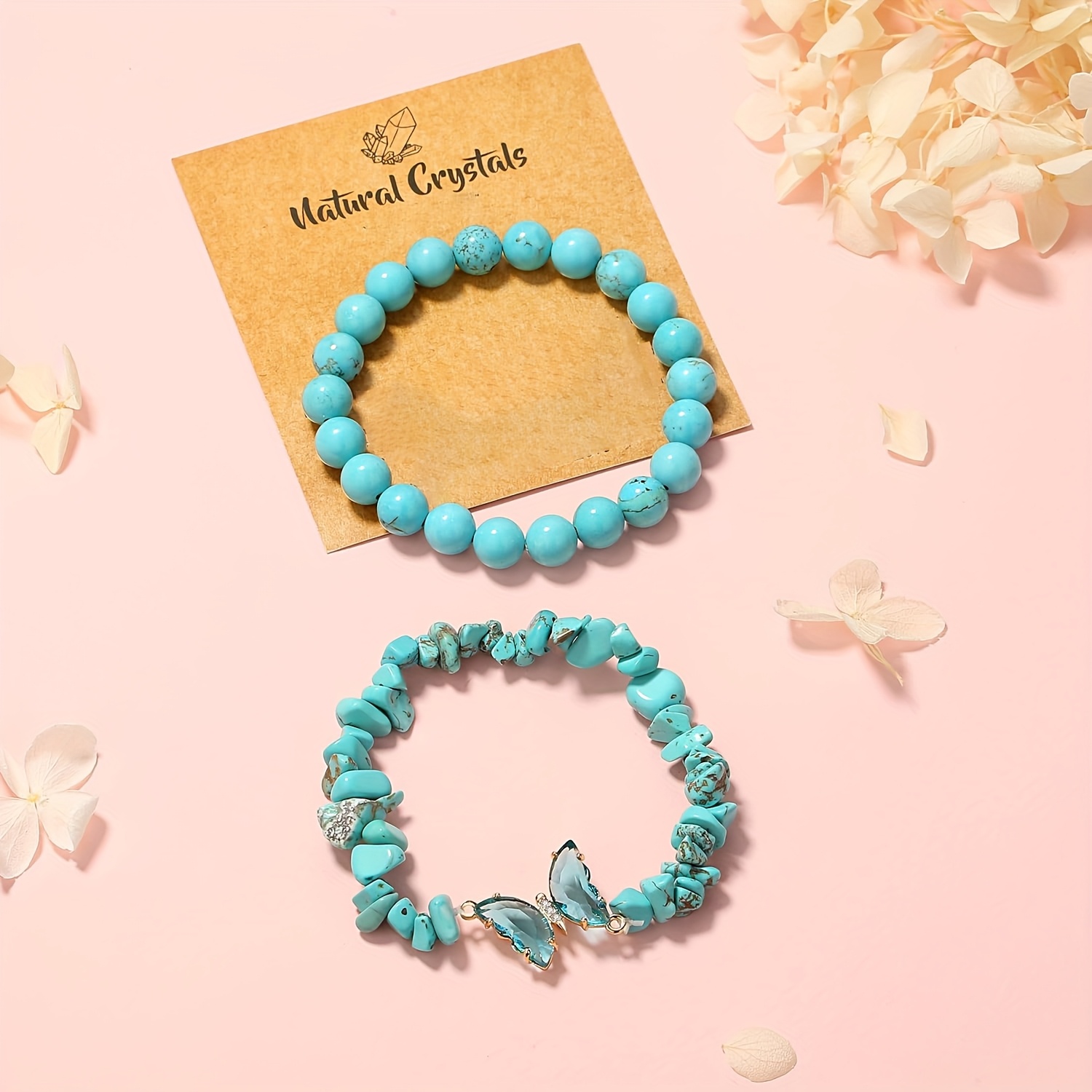 2pcs Turquoise & Amethyst Charm Bracelet Set with Butterfly Pendant