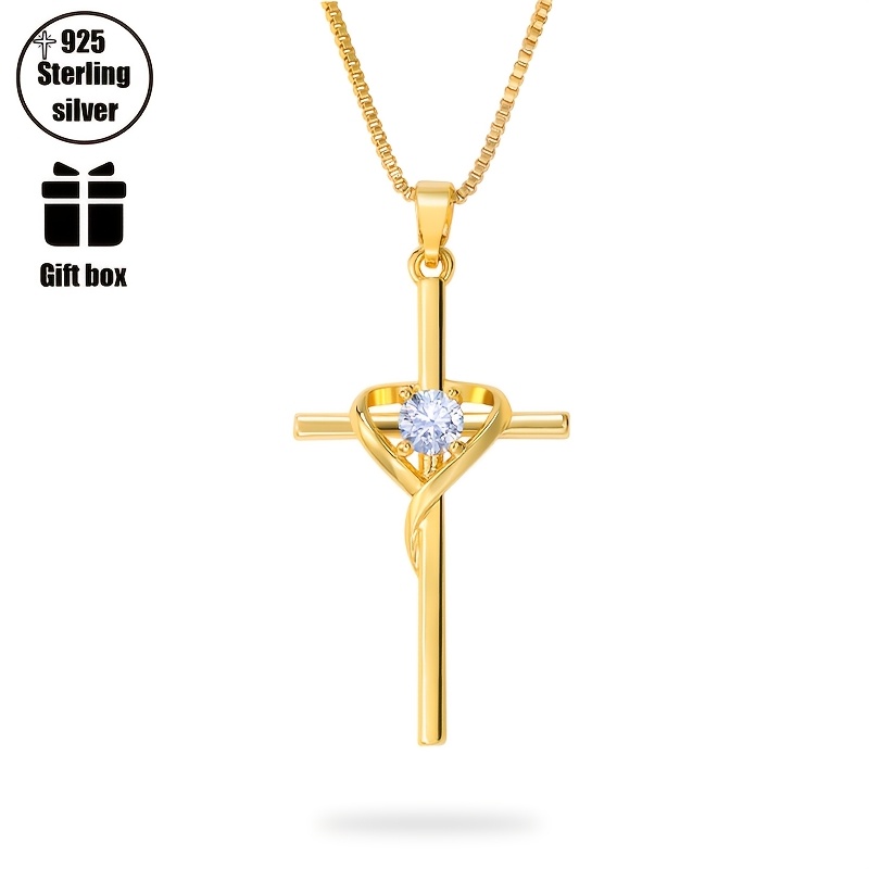 Image of 925 Silver Cubic Cross Pendant Necklace Inlaid Gemstones Is Suitable For Men And Women For Holiday Gifts. Simple And Fashionable Daily Wear With Exquisite Gift Boxes.