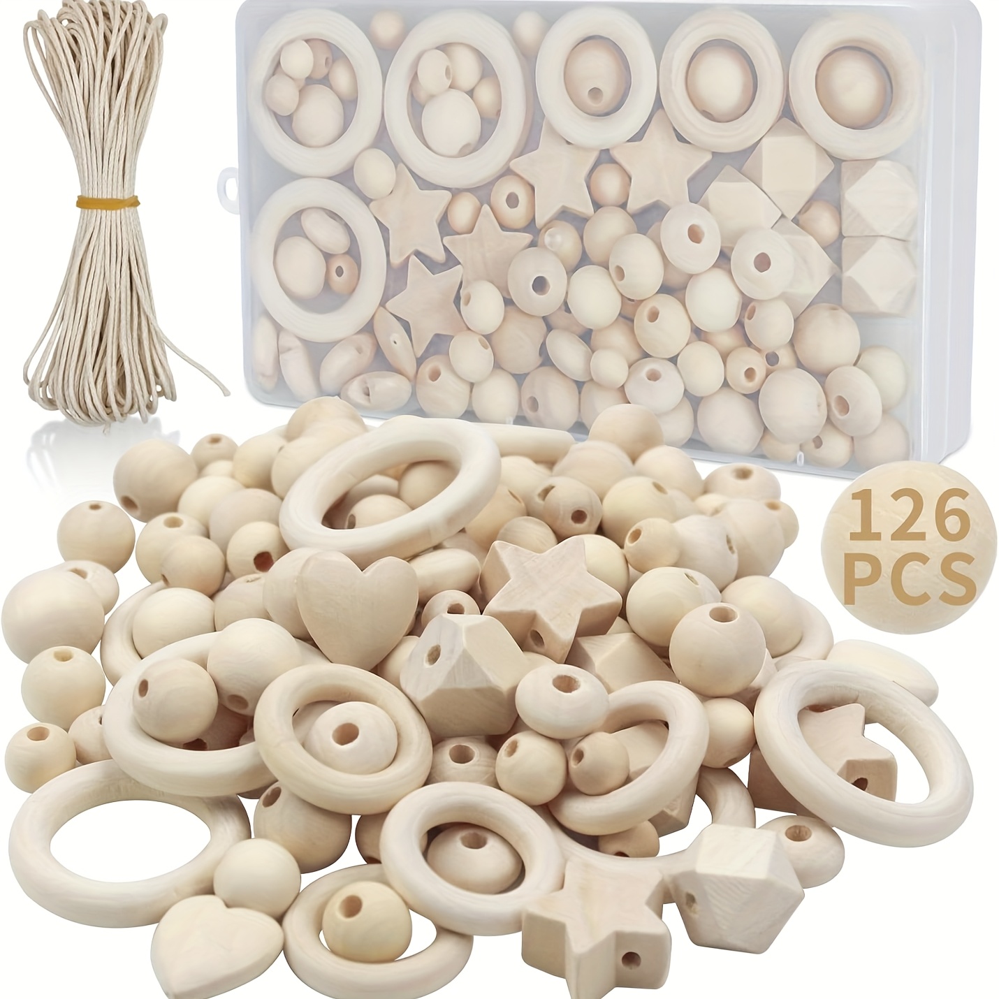 Image of Packra Wooden Beads Macrame Set, Wooden Rings For Crafts, Wooden Balls With Hole Kit Contains 110 Natural Wooden Beads, 15 Wooden Rings Macrame Additions Pack Of 126