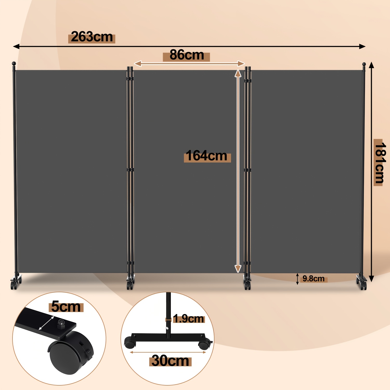 E-shop Dreiteiliger Radschirm, 260 x 180 cm, platzsparend faltbar, Raumteiler, faltbar, freistehend, Innentrennwand, geeignet für Büros, Schlafzimmer