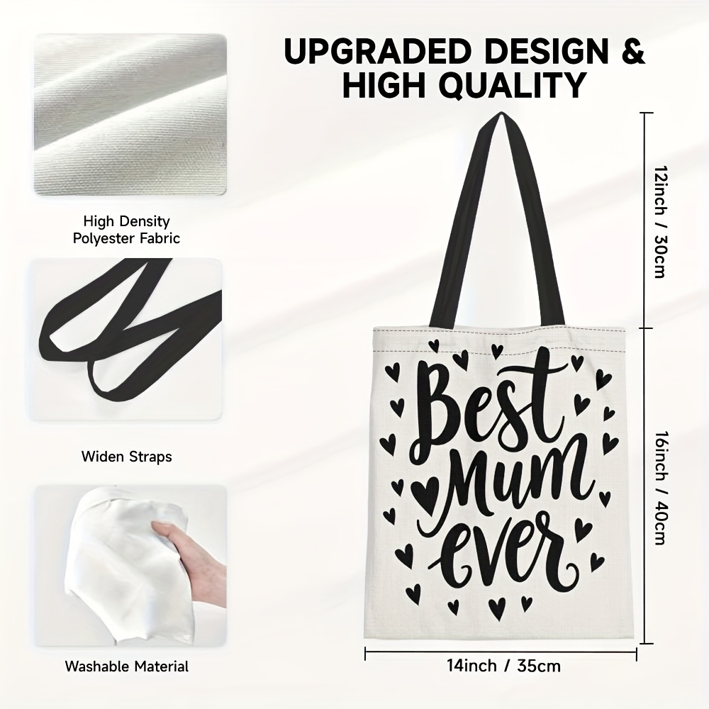 TEMU 1pc "Beste Moeder Ooit" Ruime Tote Bag - Duurzaam Polyester, Stijlvolle Hartprint met Zwart-Wit Ontwerp, Perfect voor Moederdag, Reizen en