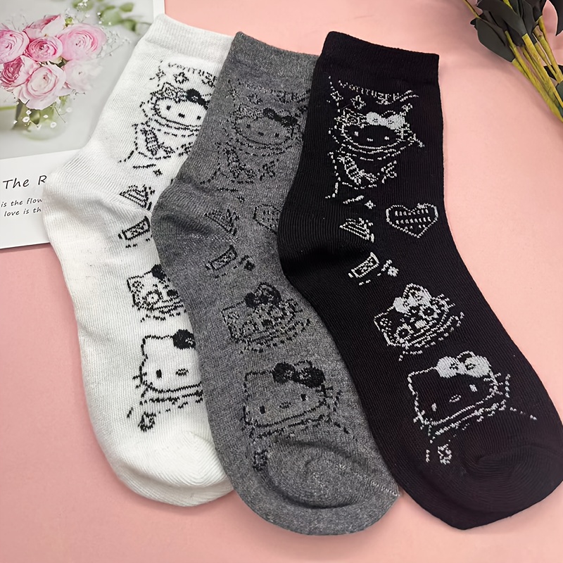 

3-pack Sanrio Hello Kitty Women's Mid-calf Socks, Cute Grey And White Polyester Fiber, Fashionable Ladies' Socks For Autumn And Spring