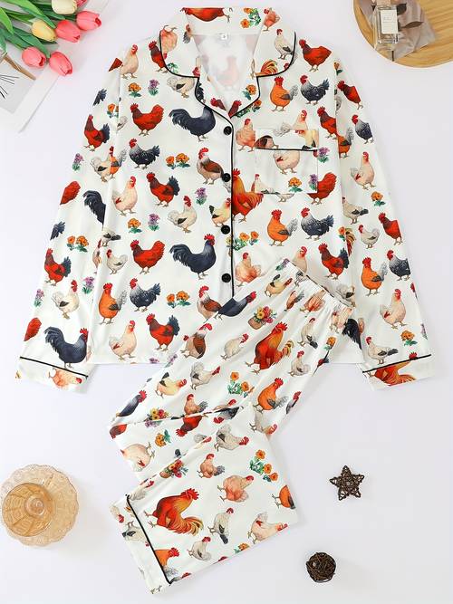 2pcs autumn winter womens pajama set featuring a lapel button up long sleeve top and stretchy long pants with chick print comfortable and loose fitting suitable for for or going out