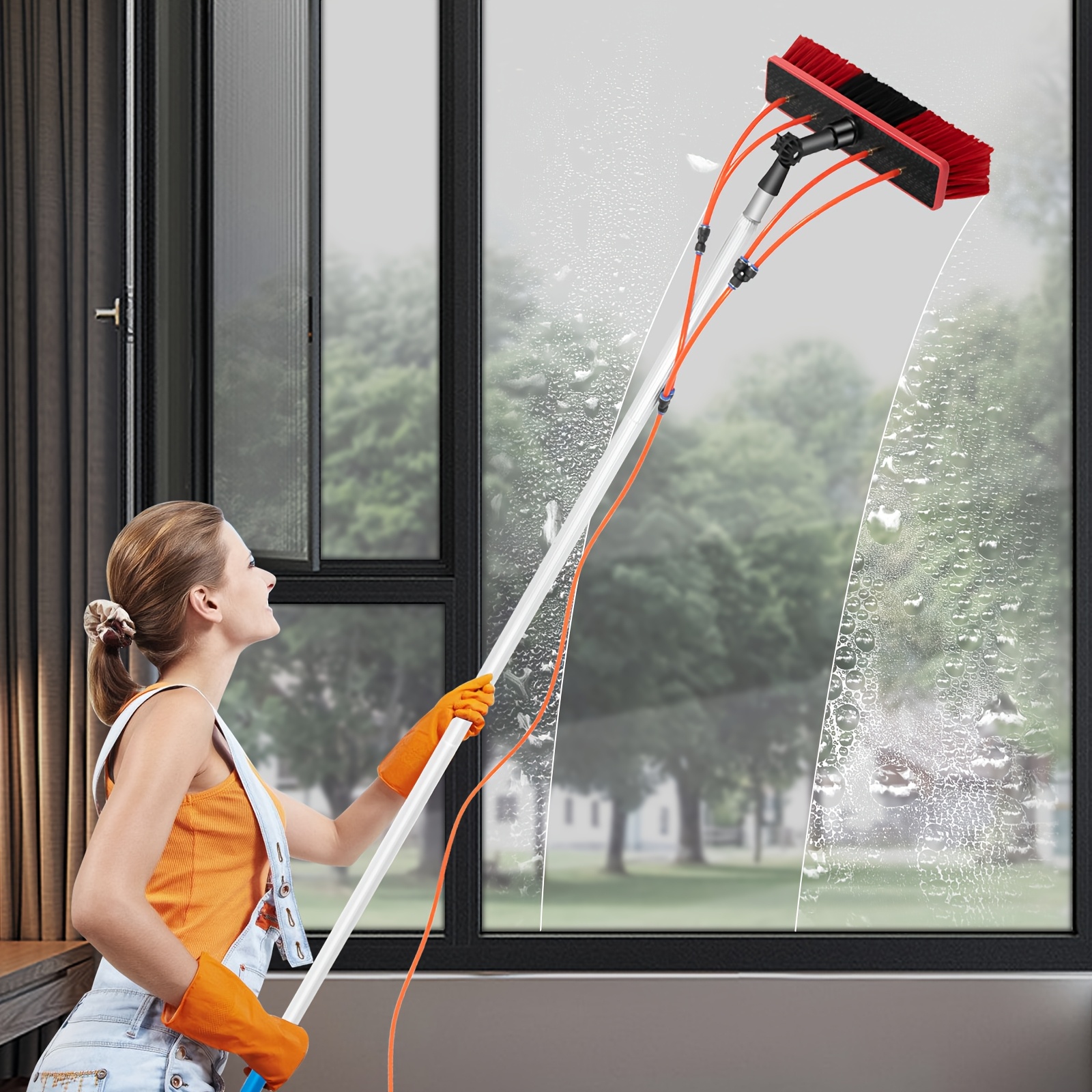 E-shop Professionelles 8m Wasser-Waschsystem für Fenster mit 180° verstellbarem Bürstenkopf, abnehmbarem Aluminiumstiel & 20m Schlauch für