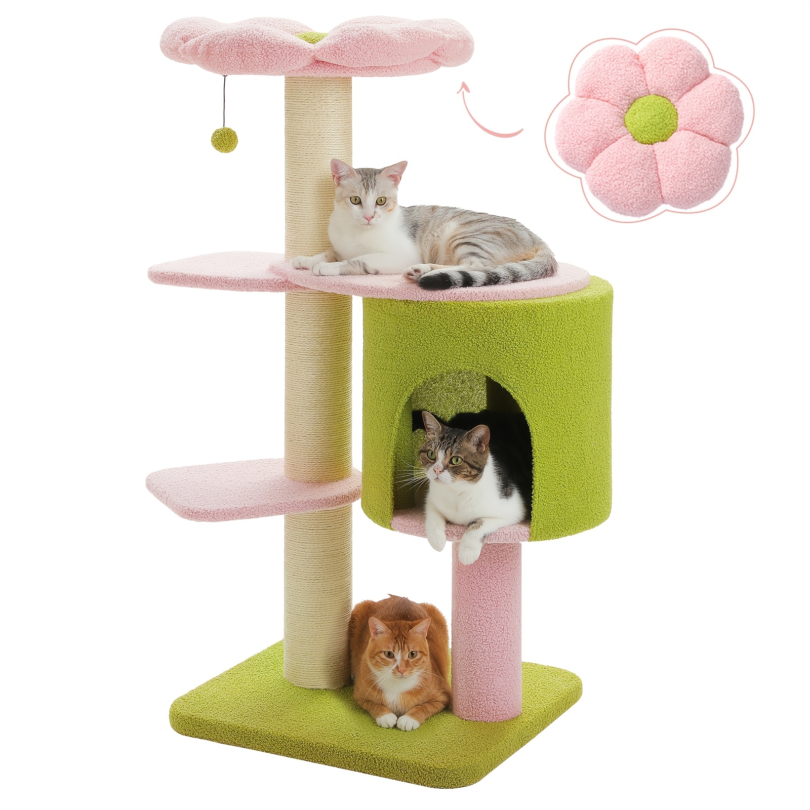 Image of Road 127cm Flower Cat Tree Tower With Large Cat Cave Soft Plush Cat Scratcher Multi-level Cat Furniture Indoor Cat Climbing Tower For Cats
