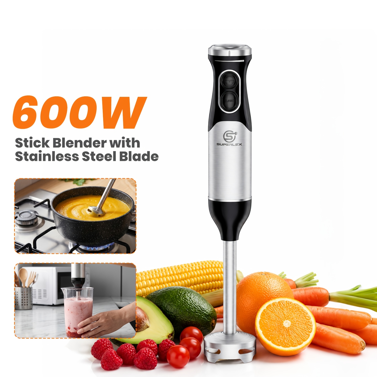Image of Superlex 600w Hand Blender, Electric Stick Blender With Stainless Steel Blade And 2 , Blender Handheld Kitchen Detachable Scratch Resistant Mixer For Baby Sauce Smoothies