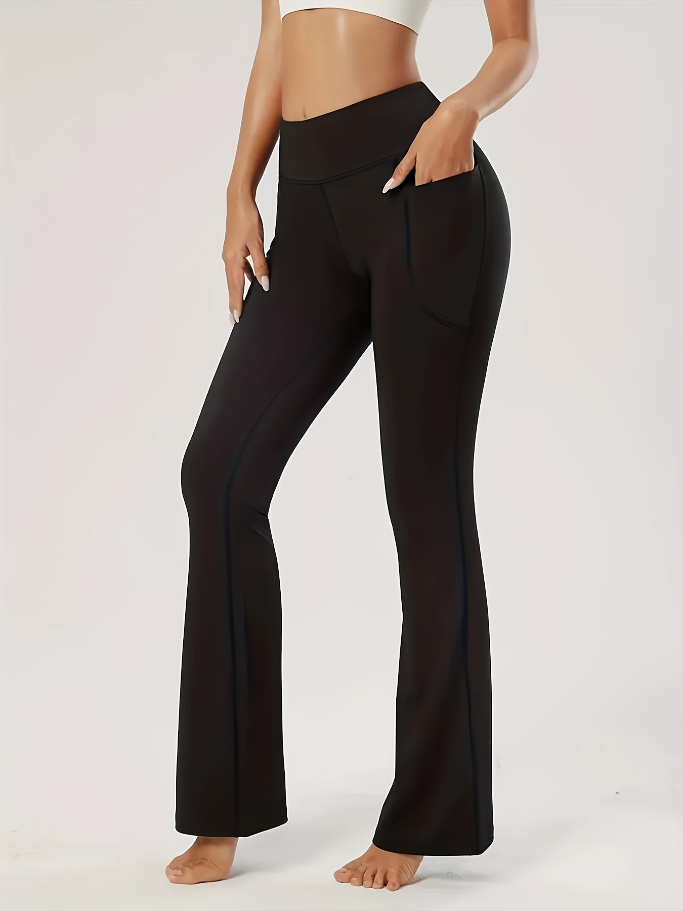 Solid Color Butt Lifting Flared Pants Pocket High Stretch - Temu