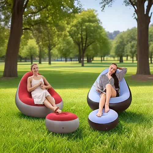 three piece set of outdoor inflatable sofa comfortable plush fabric inflatable lounger with footstool inflatable pump suitable for camping hiking music festival outdoor activities sunbathing