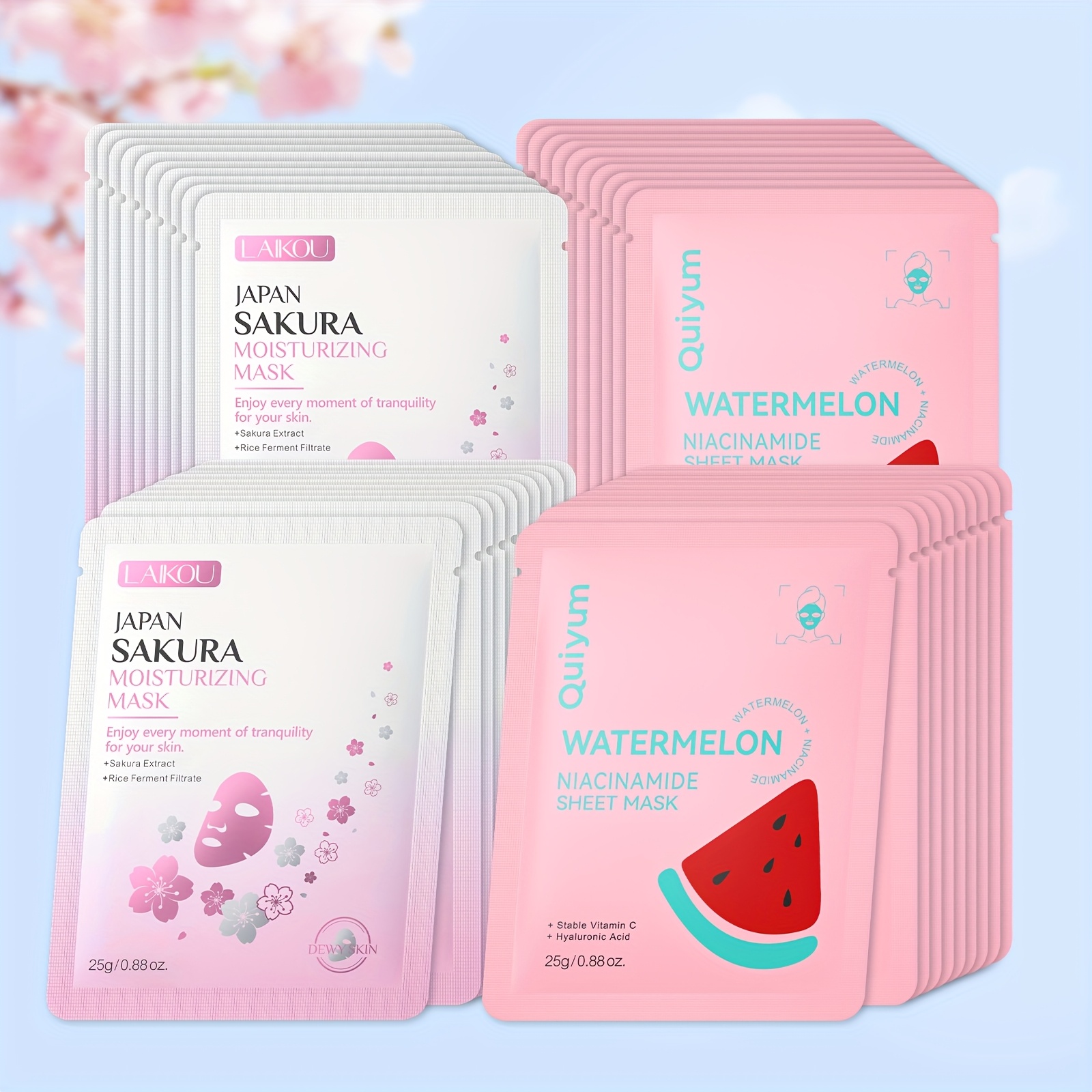 Image of 40pcs Sakura & Fruit Watermelon Sheet Mask Gift Set, Watermelon Niacinamide Sheet Mask, Sakura Sheet Mask, Portable For Travelling, Deep Hydration, Suitable For All Types