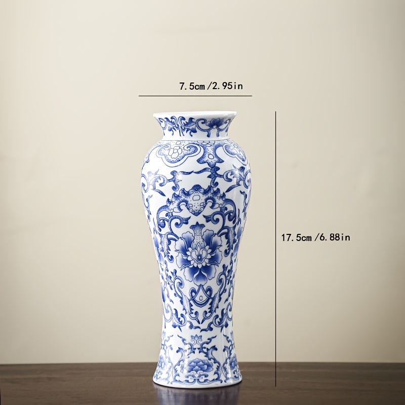 TEMU Chinese & White Ceramic Vase - Handcrafted Cylindrical Decorative Vase For & Hydroponic Plants, Decor For Living Room, Entryway, Coffee Table