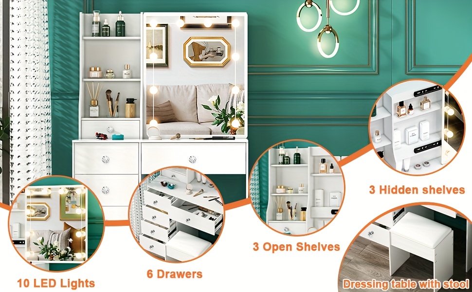 modern white solid wood dressing table with drawers lighting     lighting   large capacity multifunctional durable   table suitable for women   room decoration local warehouse Product details 4