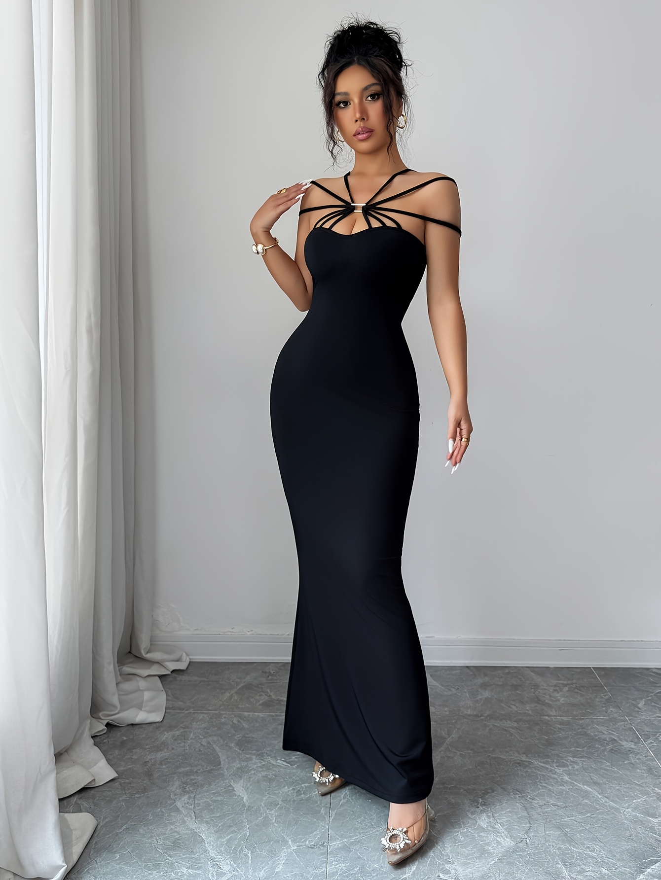 elegant multi strap metal tube top cinched waist hip