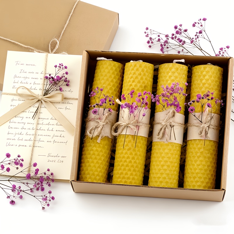 4 Pack Handmade Beeswax Pillar Candles | With Natural Dried Flower Decor, , Non-toxic, Ideal For 's Day, Dinner Party, Decor - Kikowhy
