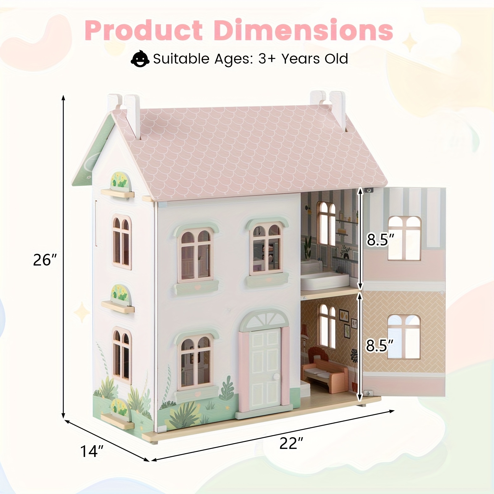 kids wooden dollhouse 3 level doll house playset with double sided roofs and openable doors pretend play with   and additions gift for children 3 years old