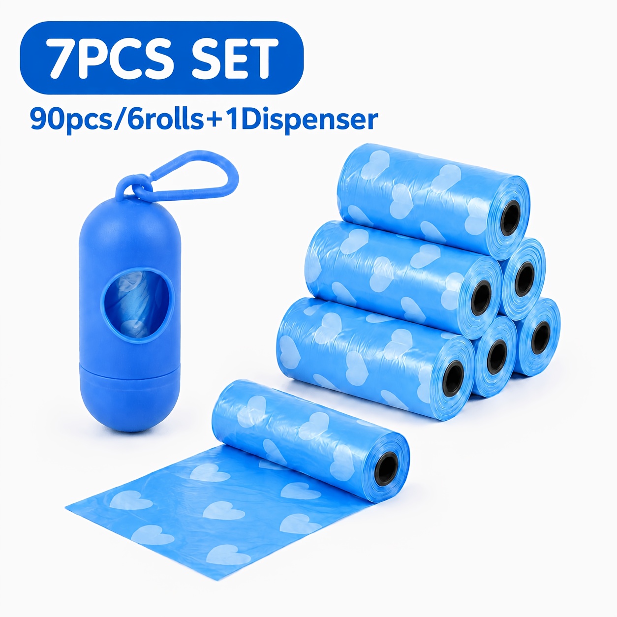 TEMU 7pcs Set, 90 Count/6 Rolls Pet Waste Bags With 1pc Dispenser, Heart Print Dog Poop Bags, Black 3 Colors, Portable Easy-tear Refill Rolls For Dog