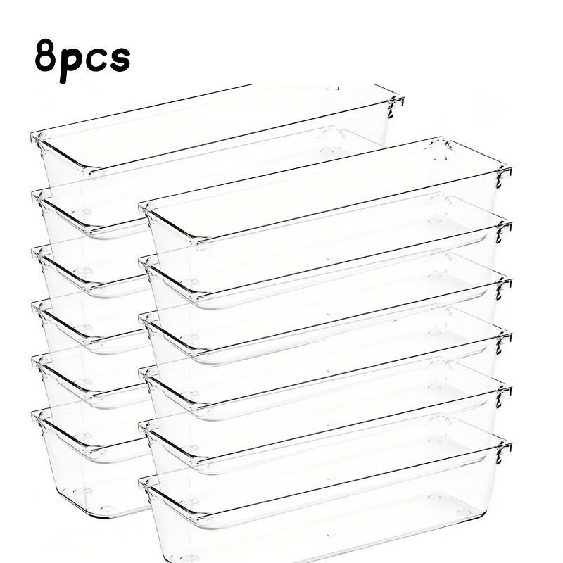 8pcs/set Clear Drawer Organizers Plastic Storage Tray For Utensil Cutlery In Kitchen Desk Makeup Storage Bin Divider