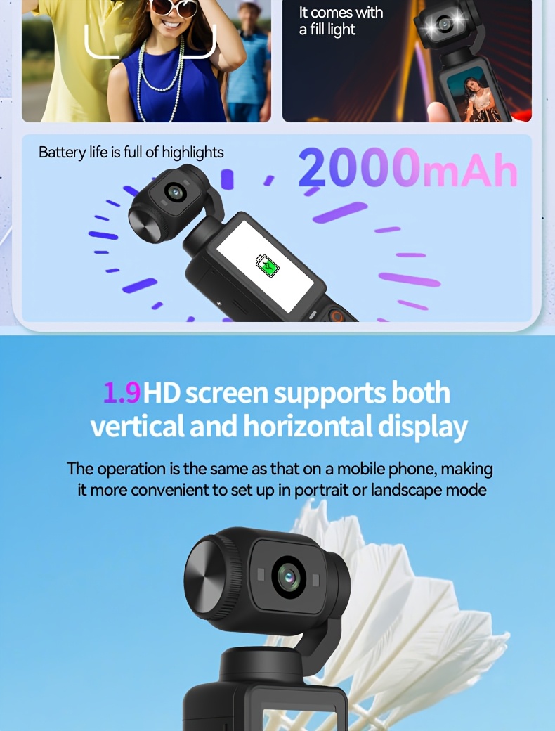 w&o 4k camera con da 1.9 e rotazione a ° - registrazione video 4k, scheda da 32gb, ricarica usb-c, stabilizzazione digitale, auto focus, compatibile per ciclismo, , vlogging - camcorder portatile per s, youtuber Dettagli dell'articolo 2