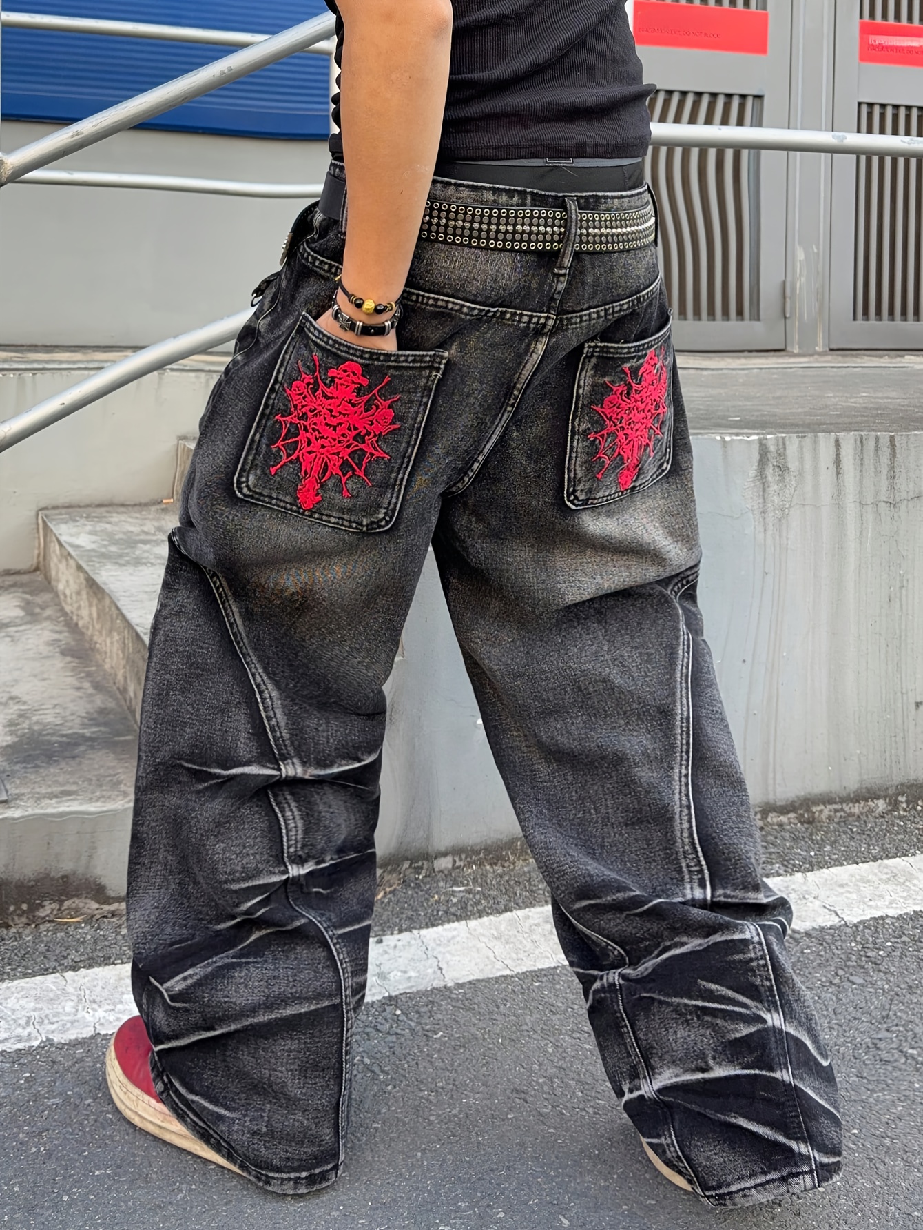 mens y2k red embroidery baggy jeans black washed thorn - Temu Cyprus