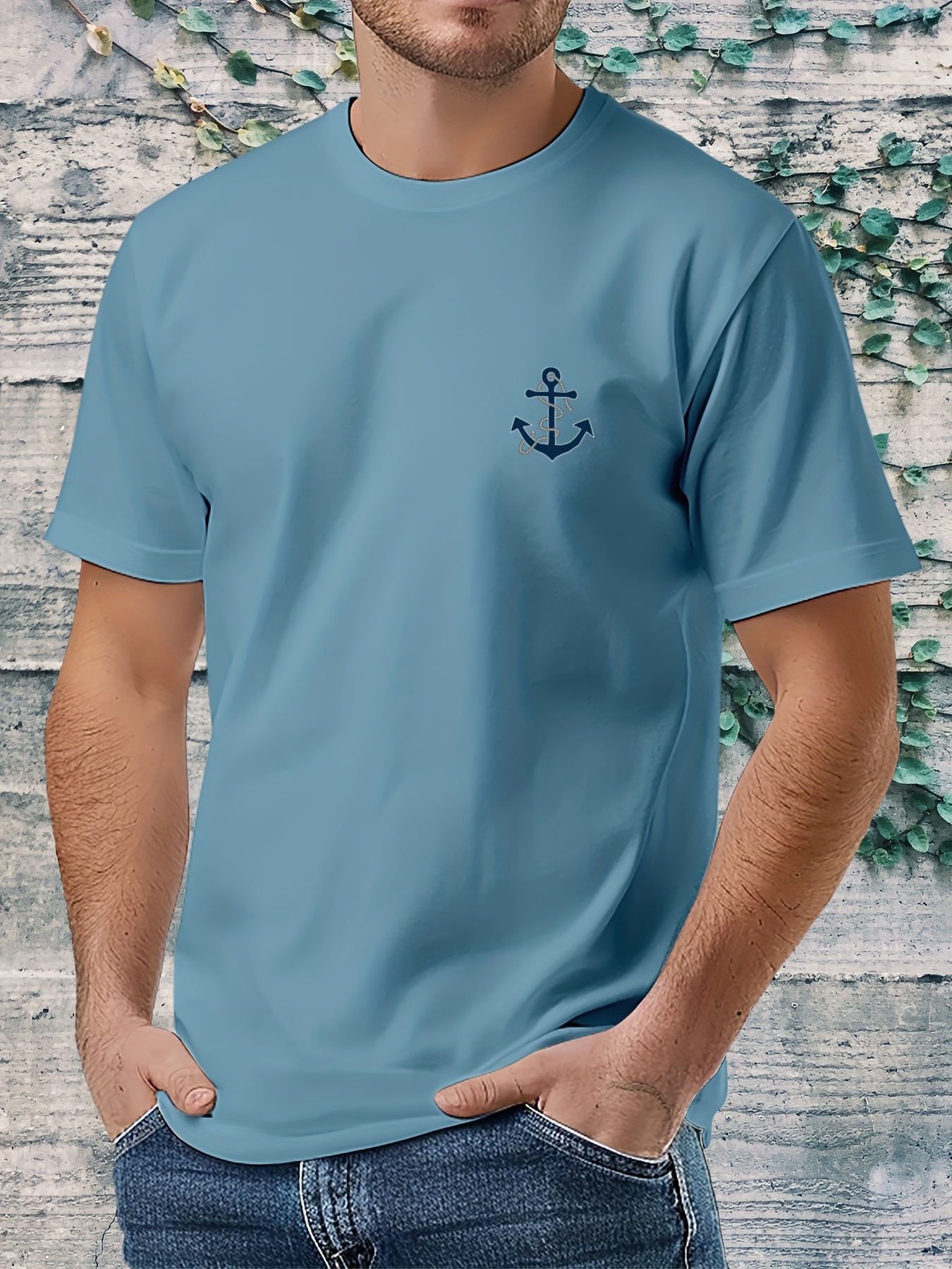 Men'S Nautical Anchor Graphic T-Shirt - Light Green Maritime Tee, Regular Fit Casual Shirt for Everyday & Nautical Themes - Breathable Everyday Essential, Nautical T Shirts, Classic Round Neck, Comfortable Fabric, Short Sleeve Top, Outdoor Enthusiasts, Weekend Wear, Minimalist Design, Soft Material, Print Tee, Outdoor Lovers