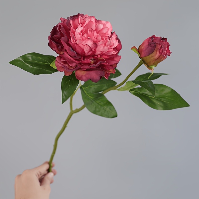 TEMU Asapana 1pc, 2-head Artificial Flower In Autumn Colors, White, Light Pink, And Burgundy Peonies, Perfect Autumn Room Dining Table Floral