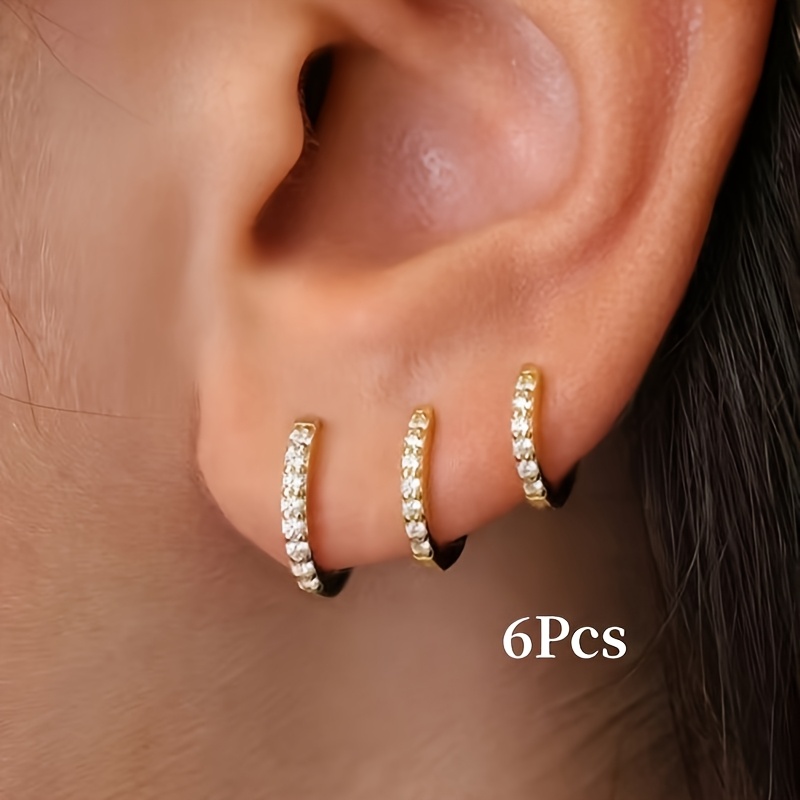TEMU 6pcs Easy Exquisite Copper Inlaid Synthetic Zirconite Small And Large Hoop Earring Set, Elegant And Gorgeous, Suitable For Daily Party Vacation