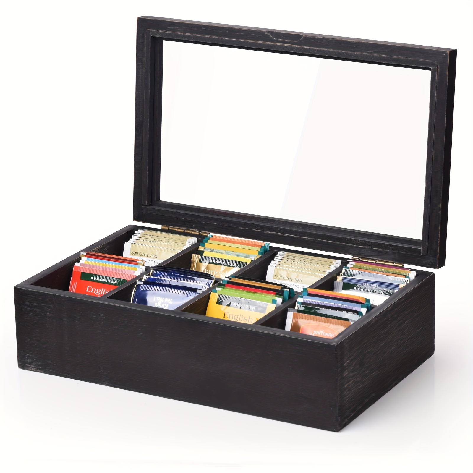 TEMU Wooden Tea Box Holder Kitchen Storage Chest Box For Spice Pouches And Sugar Packets With 8 Compartments And Glass Window