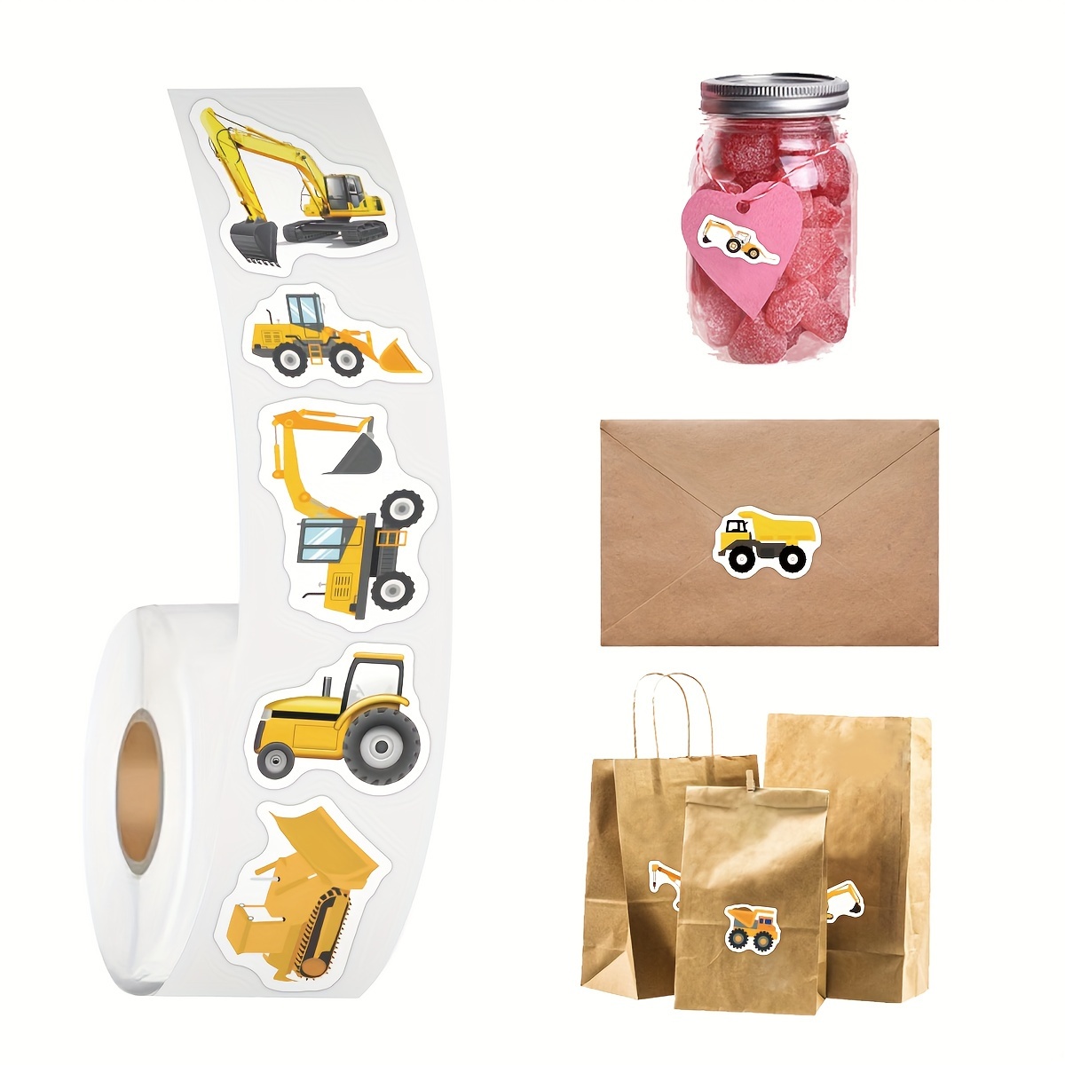 500pcs Cartoon Engineering Vehicle Vinyl Stickers Roll - Reusable, Self-Adhesive, Glossy Finish Stickers for Scrapbooking, Journaling, Laptop, Bumper, Skateboard, Water Bottles, Phone - Mixed Color, Crystal Embellishment, Irregular Shape